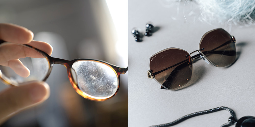 две изображения на очила с надраскани стъкла